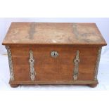 Antique oak hinge top metal bound chest, raised on bun feet, 110x60x62cm.