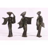 Three Japanese cast iron figures of geishas c1950's, 18cm.