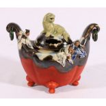 Sumida Gawa censer and cover of boat form, the domed cover with lion dog surmount,