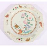 Chinese 18th century octagonal dish with enamelled decoration of a crane in a garden setting,