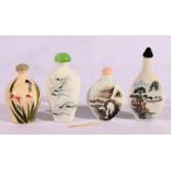 Four various Chinese porcelain snuff bottles decorated with landscapes, flowers and crayfish,