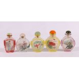 Five Chinese interior painted glass snuff bottles with flower and landscape and figure decoration,