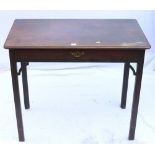 Antique mahogany side table with frieze drawer, yoke spandrels, raised on straight supports, 92cm.