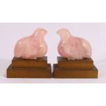 Pair of Chinese rose quartz models of quails on a gilt brass stepped box with incised decoration,