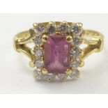 Diamond and pink tourmaline rectangular cluster ring with fourteen brilliants in 18ct gold,