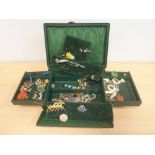 Green Morocco jewel case with various items coral gilt metal and other articles.