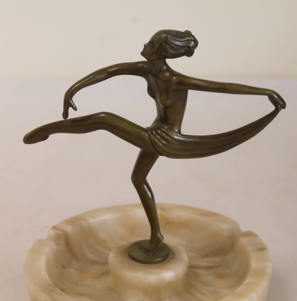 Bronze Art Deco figure of a dancer raised on a alabaster ashtray base. - Image 2 of 5