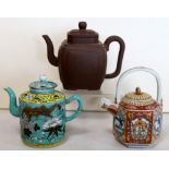 Chinese Yixing teapot of square form, 14cm high and two other oriental teapots. (3).