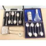 Silver pepperette, two sets of six coffee spoons cased, and five other items.