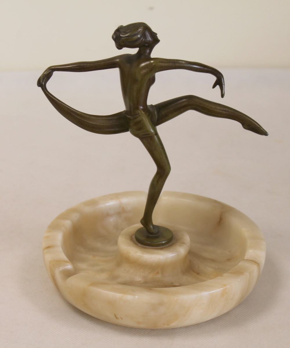 Bronze Art Deco figure of a dancer raised on a alabaster ashtray base. - Image 3 of 5