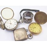 Swiss lever watch for Russells, another rolled gold, a silver vesta case 1907 and a napkin ring.