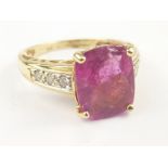 Pink sapphire ring, rectangle with diamond set shoulders in gold '14k', size 'K ½'.