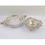 Silver embossed bonbon dish a heart shape 1893 and a butter dish of Art Deco style with glass dish,