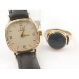 Lady's Omega watch quartz 9ct gold and 9ct gold signet ring. (2).