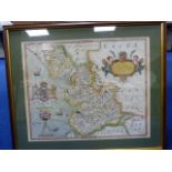 SAXTON CHRISTOPHER. Lancastriae. Antique hand col. eng. map. 16" x 19", framed. 1577.