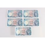 THE ROYAL BANK OF SCOTLAND LIMITED a consecutive run of five £5 banknotes 1st March 1974 Burke A/24