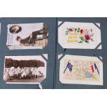 Postcard Collection in one album of approximately one hundred cards to include two WWI embroidered