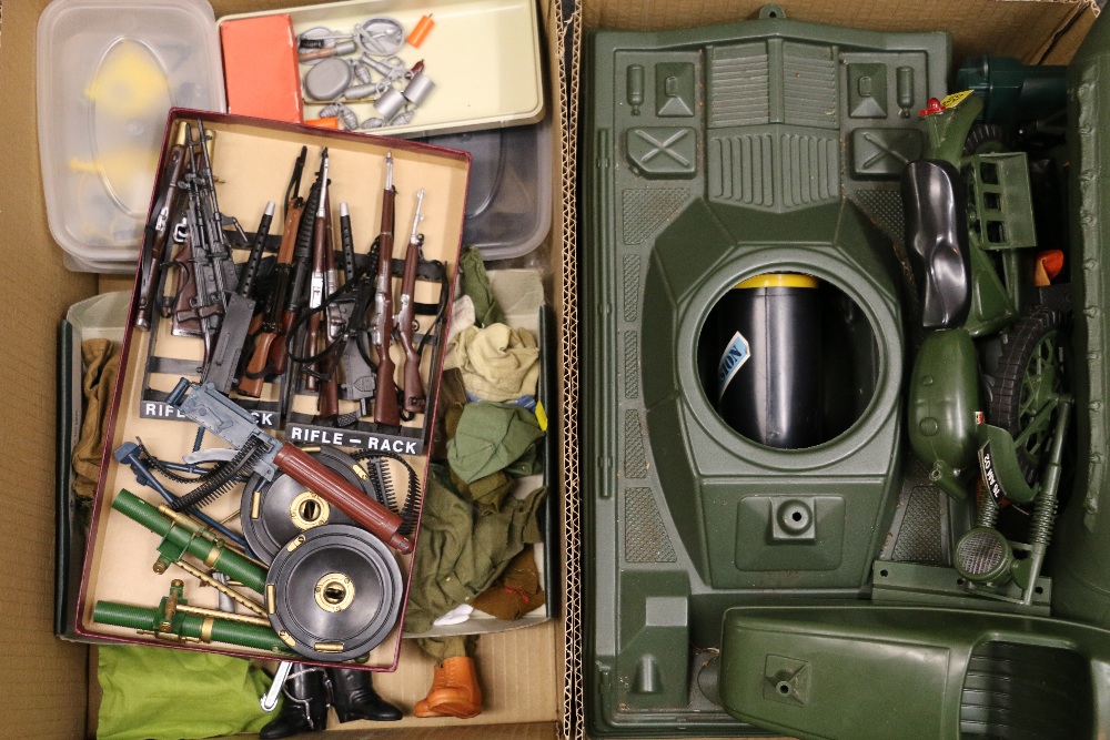 Action Man collection to include three action figures, helmets, boots, rifles, tank, boat,