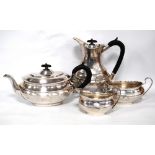 Silver four-piece tea set of oval boat shape with engraved band, by Viner, Sheffield 1947, 52oz.