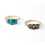 Turquoise ring and another with citrines, in 9ct gold, both size R.