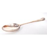 Silver serving spoon with double drop heel, crested, by James Timberlake, 1750, 34cm 5½oz.