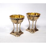 Pair of Italian 19th century silver salts with hemispherical bowls upon triangular bases, 4½oz.