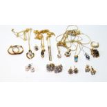 Various gold earrings, pendants and necklets, some gem-set, mostly 9ct gold, 27g gross.