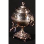 Old Sheffield plate tea urn of almost ovoid shape with applied initialled plate hall marks for