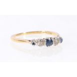 Diamond and sapphire five stone ring "18ct Plat" size O