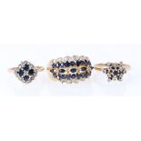 Three sapphire and diamond rings in 9ct gold, 11.