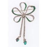 Continental silver bar brooch with white and emerald paste, two drop dependant "900".