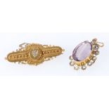 Victorian oval pendant with amethyst and pearls, 9ct, and a bar brooch with three diamonds,