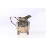 Victorian silver cream jug of rectangular form engraved in the Aesthetic manner by Walker & Hall