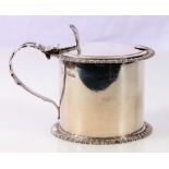 York silver drum mustard pot with broad gadrooned edges, foliate thumb piece and handle by Barber,