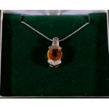 9ct white gold pendant set with faceted citrine and diamond points on 9ct white gold brace chain, 3.