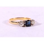 Unhallmarked diamond and sapphire rings have square faceted sapphire flanked by two round cut