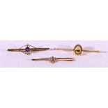 9ct gold brooch set with central faceted citrine, another with amethyst and pearl and another 15ct,