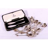 Silver spoons 107g, a cased pair of silver butter knives,a silver mustard spoon etc.