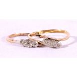 18ct gold and platinum diamond point three stone ring in a crossover setting size Q, 2.