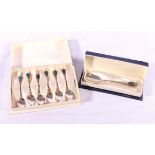 Set of six silver coffee spoons with abalone finials, cased and a large spoon similiar,