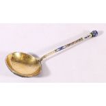 Russian 78 grade silver gilt and enamel spoon, the bowl reverse decorated with scrolling flowers,