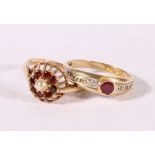 9ct gold diamond and ruby or garnet ring, size P, 1.