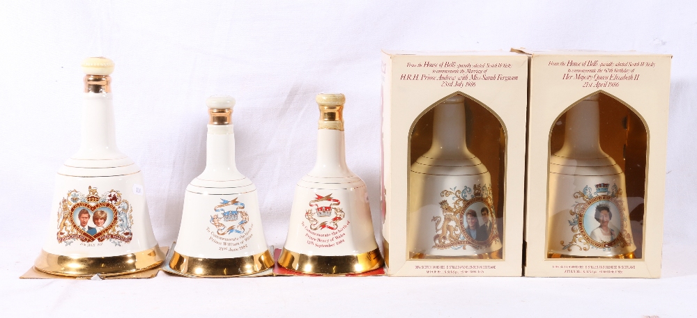 Five BELLS blended whisky decanters including Queens 60th birthday 75cl 43% volume,