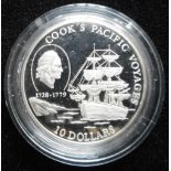 Niue. Ten dollars. 1992. Cook’s Pacific Voyages. Silver Proof. Cased.