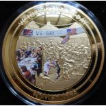 United Kingdom. VE day commemorative medallion. Gold plated with pad print. 70mm. Proof.