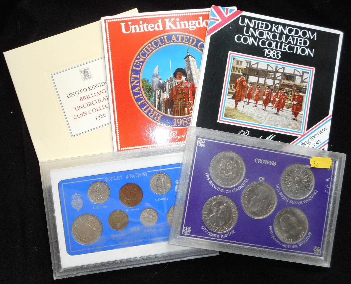 United Kingdom. B.Unc. collections. 1983, 1985, 1986. Also 1959 specimen set 5 crowns. All Cased.