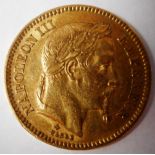 France. Gold 20 francs. 1864A. Die flaw on Ob. Otherwise GF.