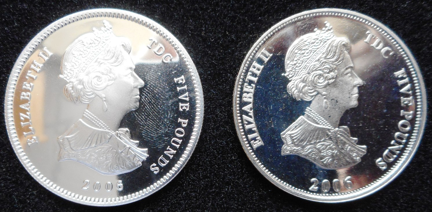 United Kingdom. 2 x £5 crown set in Silver Proof. Depicting error minting. Cased.