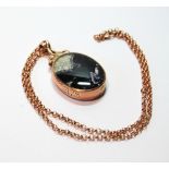 9ct rose gold oval pendant with pearl and blue john, with necklet, '9k', 39g gross.