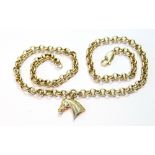 Gold necklet of belcher pattern with horse head charm dependent, '375', 49g.